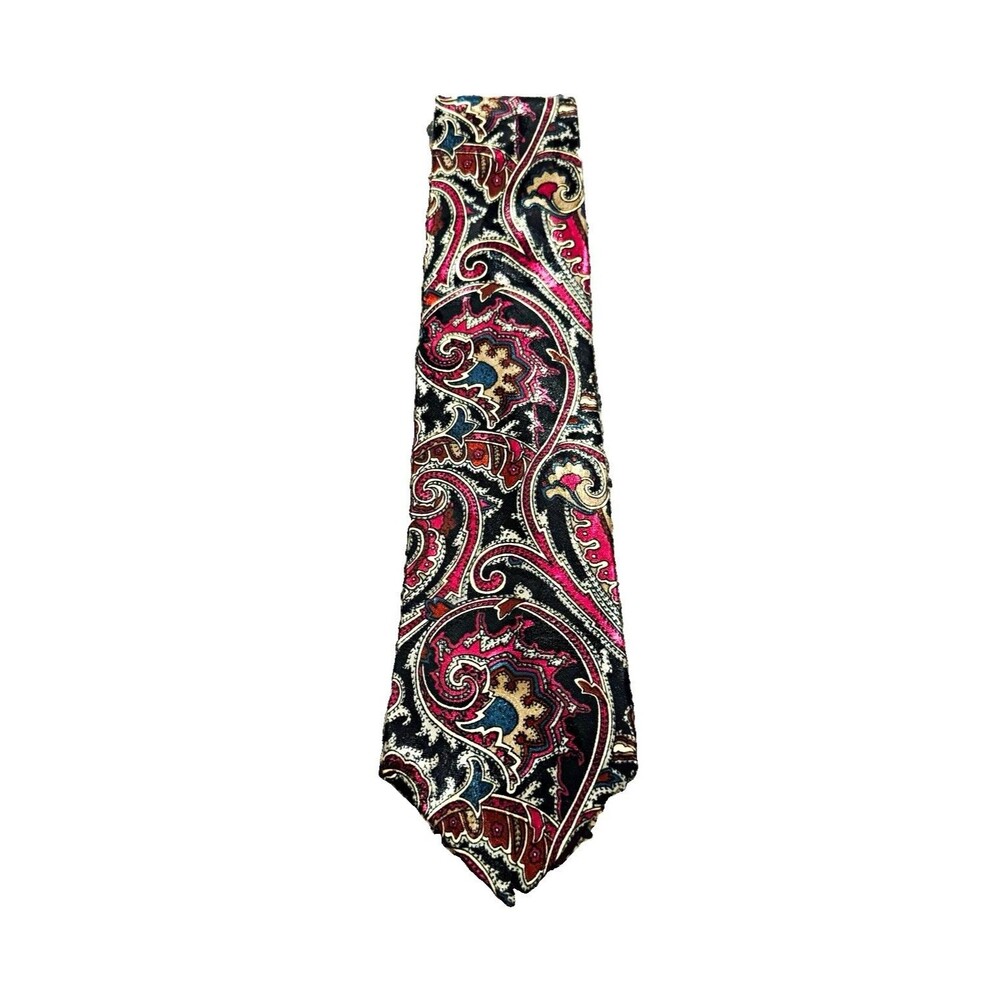 Vintage Alessio Mens Paisley Tie Burgundy Black Silk Retro Old Money 3.75”